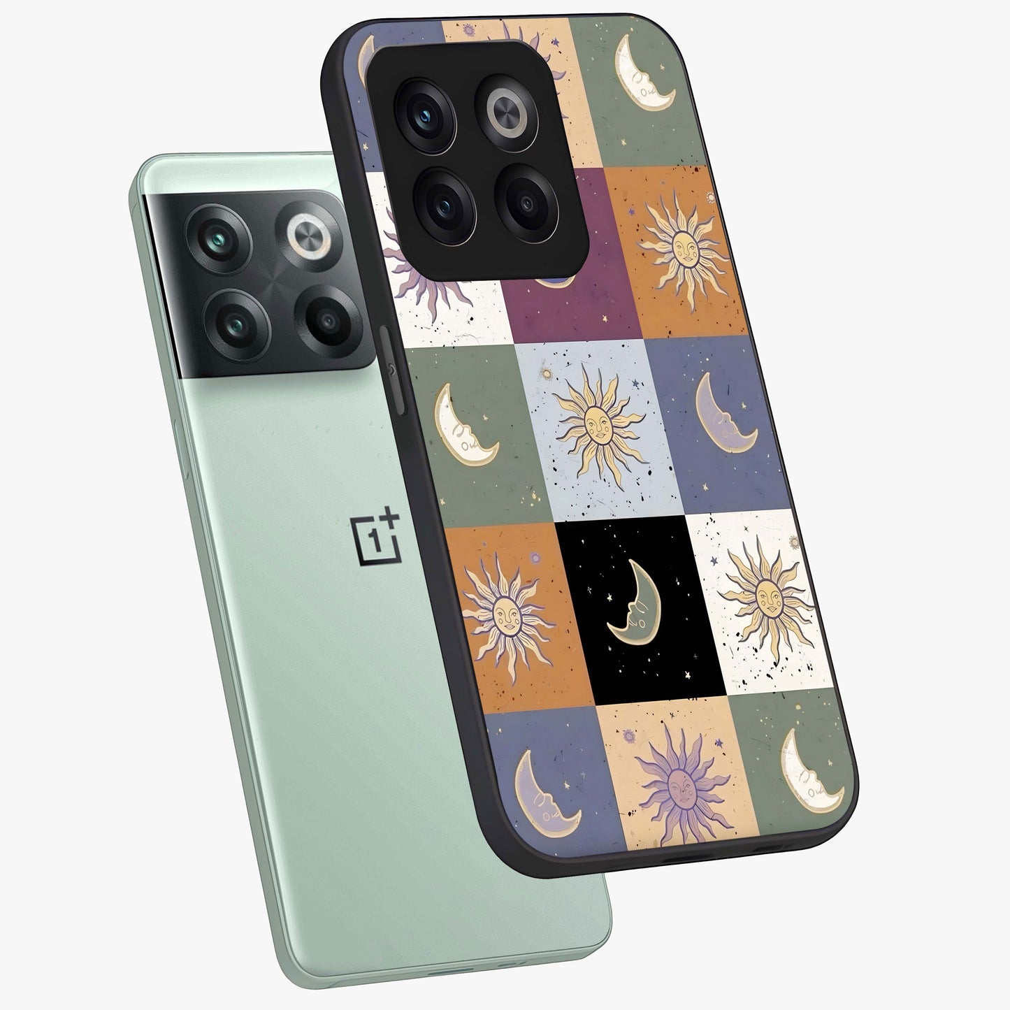 Celestial Patchwork Dreams Glass Case for 1+10T angled mockup showcasing glossy finish and layered celestial textures