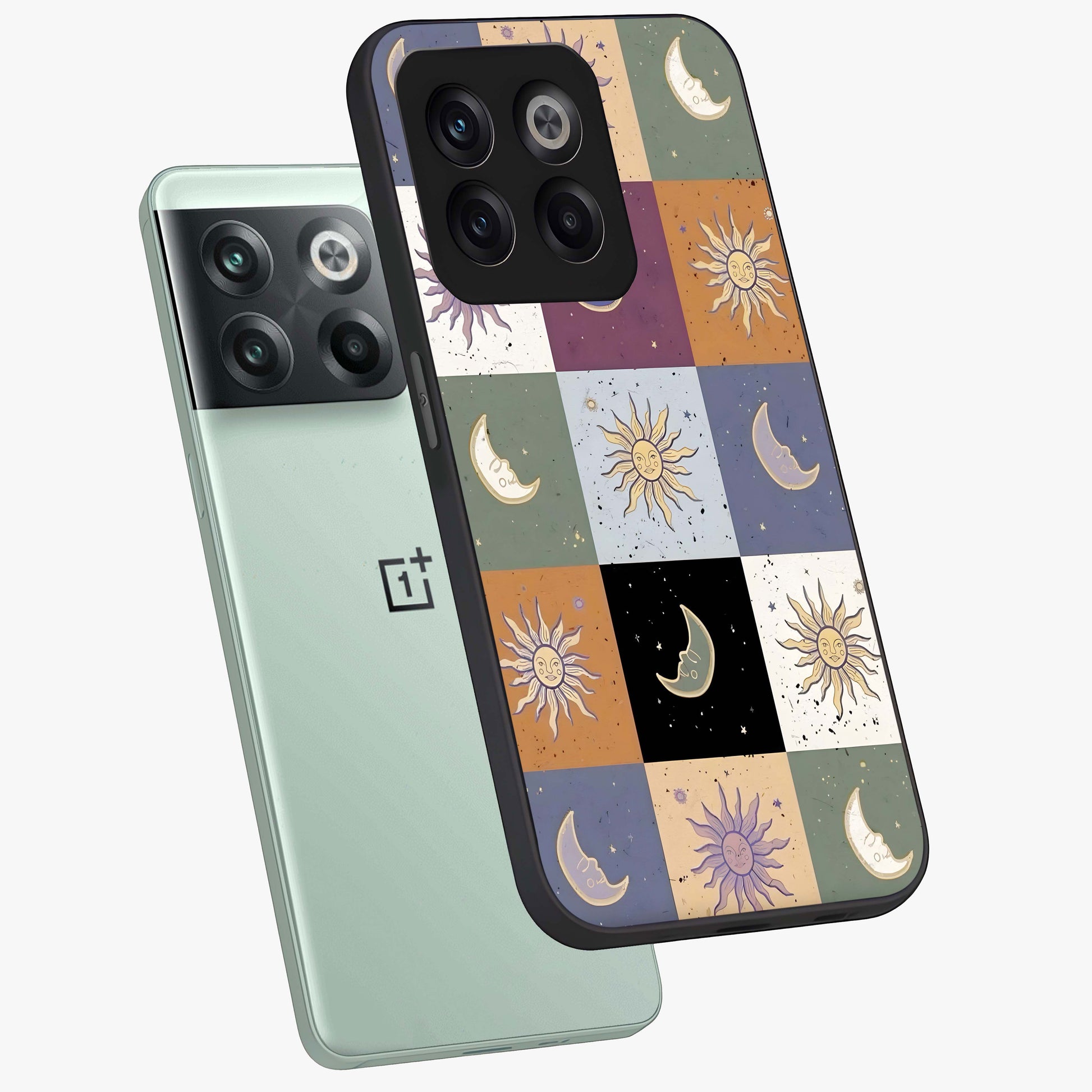 Celestial Patchwork Dreams Glass Case for 1+10T angled mockup showcasing glossy finish and layered celestial textures
