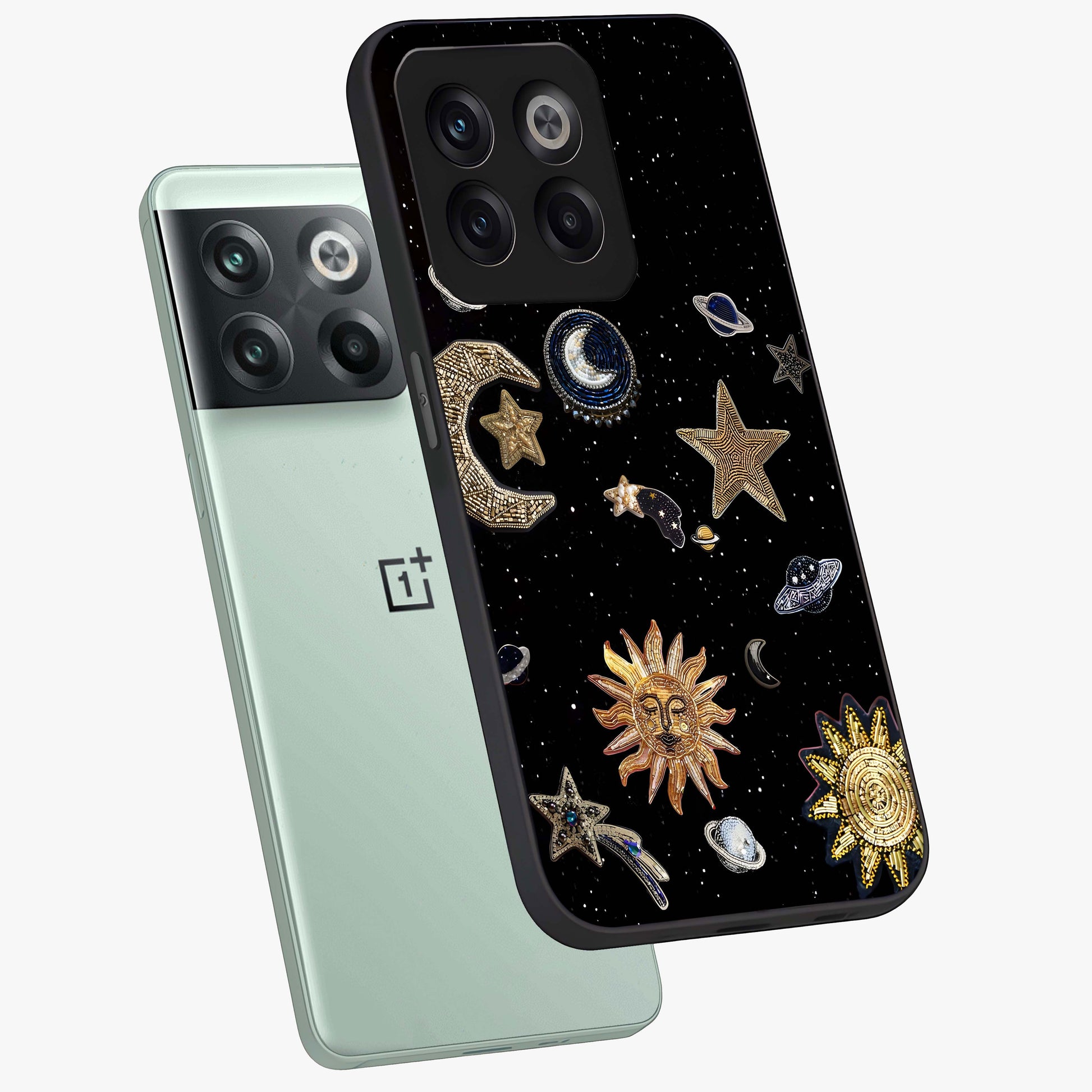 Celestial Star Charm Glass Case for 1+10T angled mockup showcasing glossy finish and shimmering celestial tones