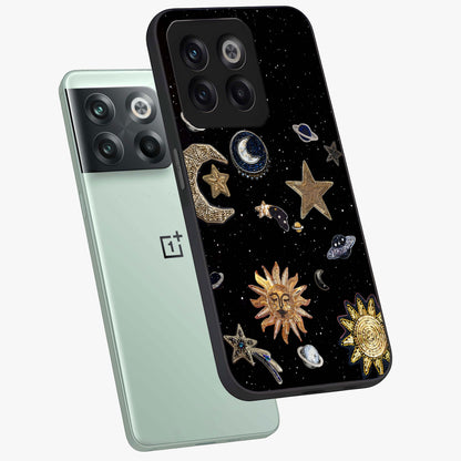 Celestial Star Charm Glass Case for 1+10T angled mockup showcasing glossy finish and shimmering celestial tones