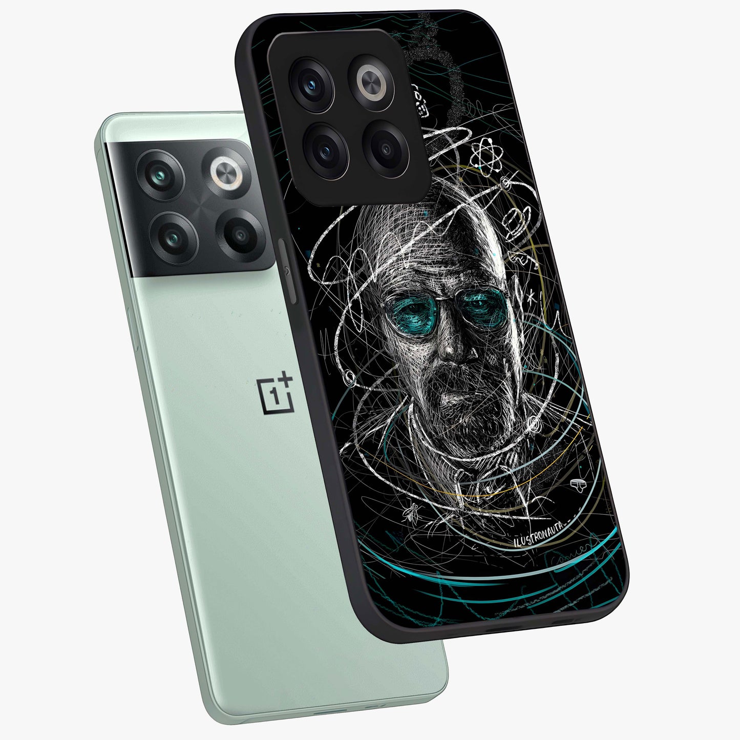 Chaotic Mind Genius Glass Case for 1+10T angled mockup showcasing glossy finish and edgy artistic design