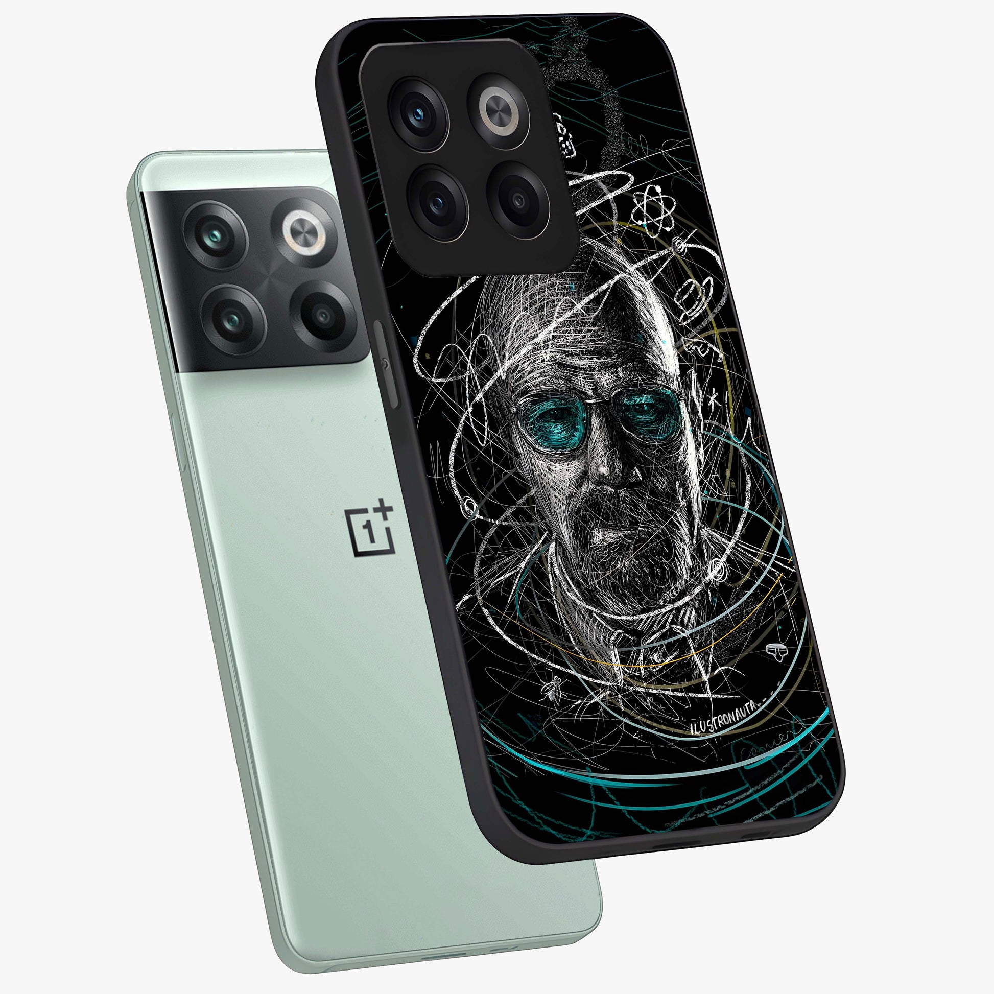Chaotic Mind Genius Glass Case for 1+10T angled mockup showcasing glossy finish and edgy artistic design
