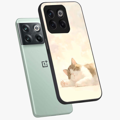Cloud Nap Cat Glass Case for 1+10T angled mockup showcasing glossy finish and cozy pastel tones