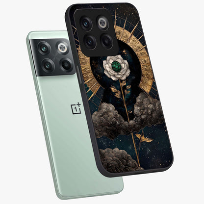 Cosmic Bloom Rose Glass Case for 1+10T angled mockup showcasing glossy finish and vibrant celestial floral tones