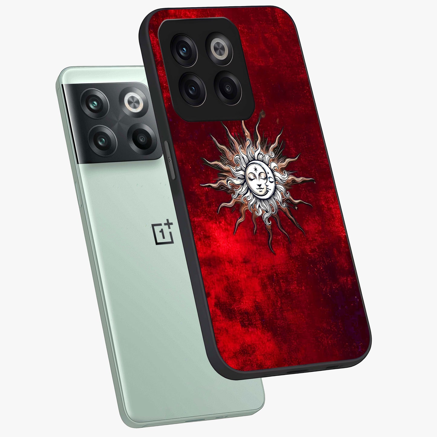 Cosmic Twin Eclipse Glass Case for 1+10T angled mockup showcasing glossy finish and bold celestial contrast