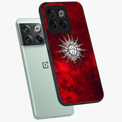 Cosmic Twin Eclipse Glass Case for 1+10T angled mockup showcasing glossy finish and bold celestial contrast
