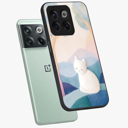 Cotton Dream Cat Glass Case for 1+10T angled mockup showcasing glossy glass finish and cozy aesthetic design