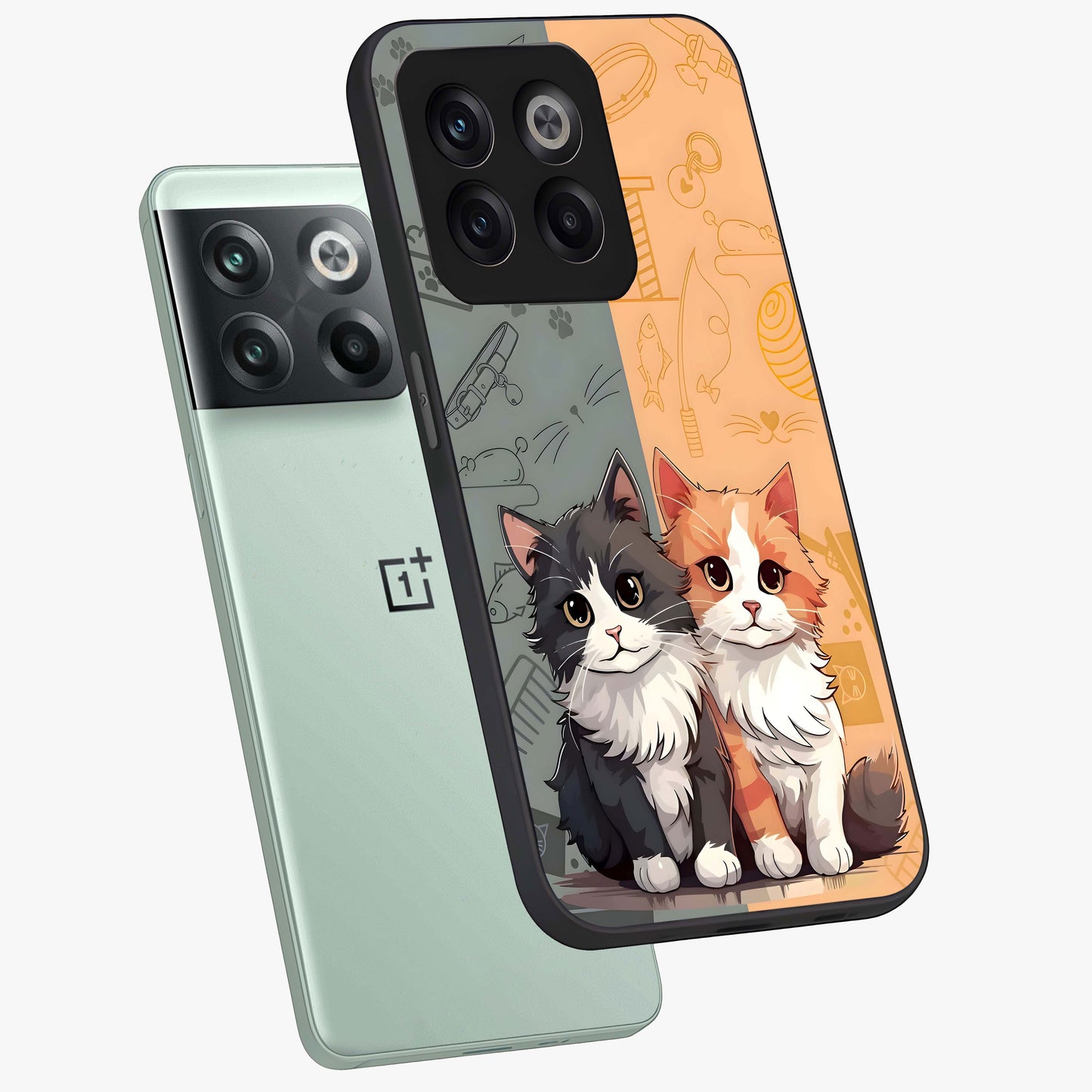 Cozy Cat Duo Glass Case for 1+10T angled mockup showcasing glossy finish and charming pastel tones