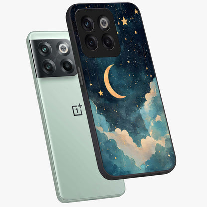 Crescent Galaxy Moon Glass Case for 1+10T angled mockup showcasing glossy finish and glowing galaxy tones