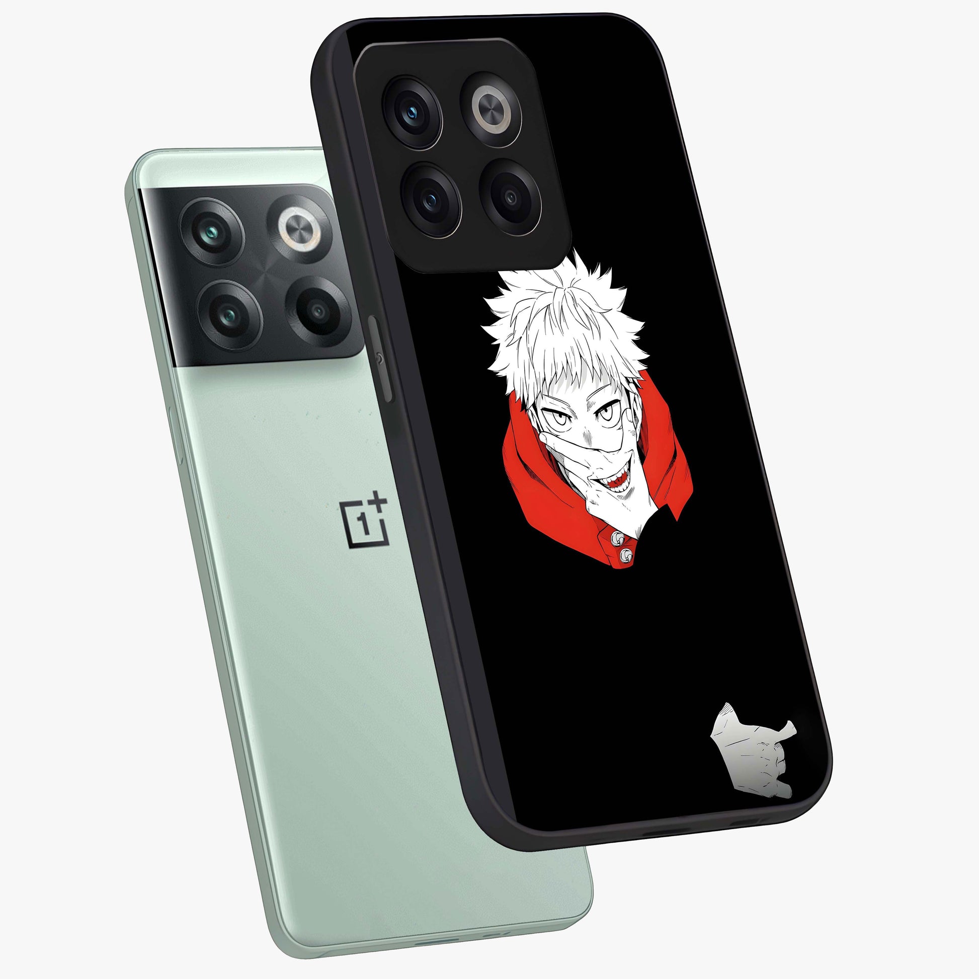 Crimson Chaos Smile Glass Case for 1+10T angled mockup showcasing glossy finish and dramatic red detailing