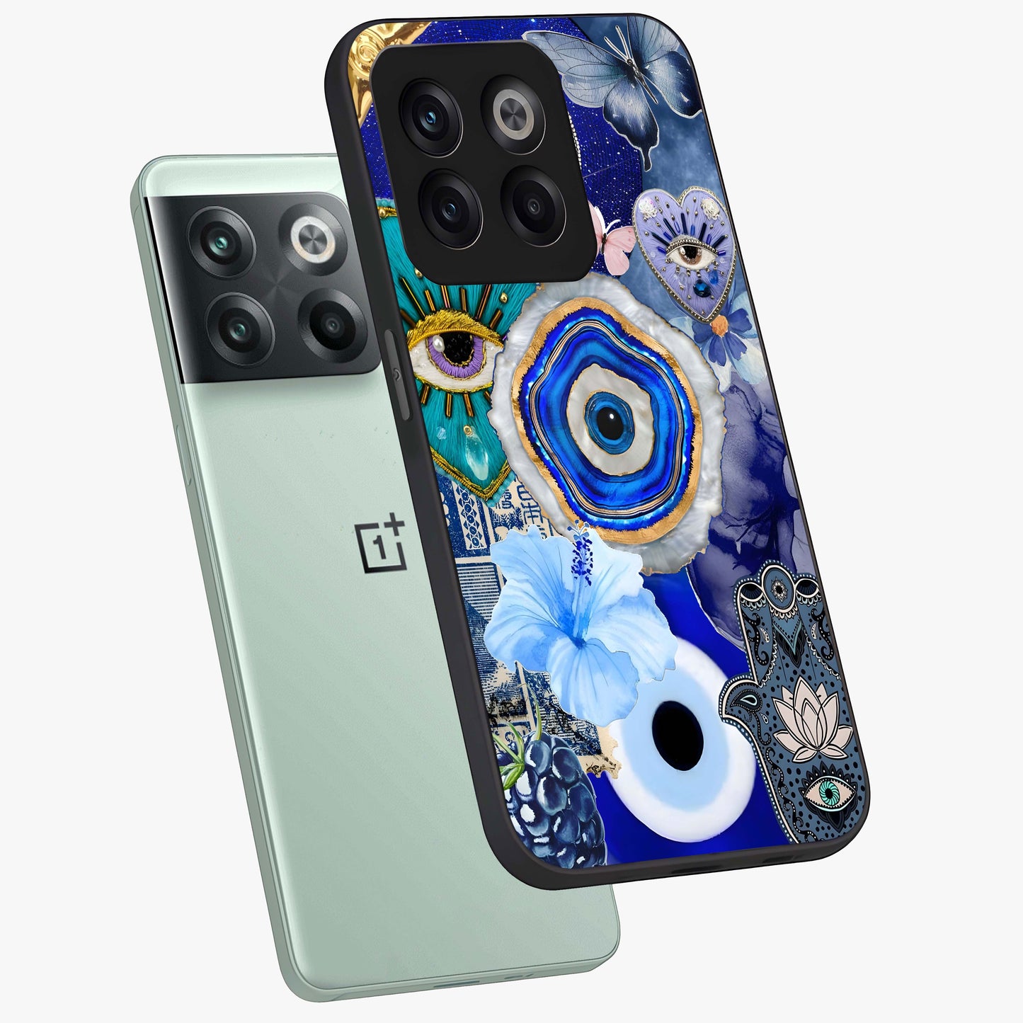 Crimson Evil Eye Charm Glass Case for 1+10T angled mockup showcasing glossy finish and vibrant symbolic detailing