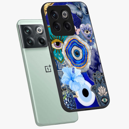 Crimson Evil Eye Charm Glass Case for 1+10T angled mockup showcasing glossy finish and vibrant symbolic detailing