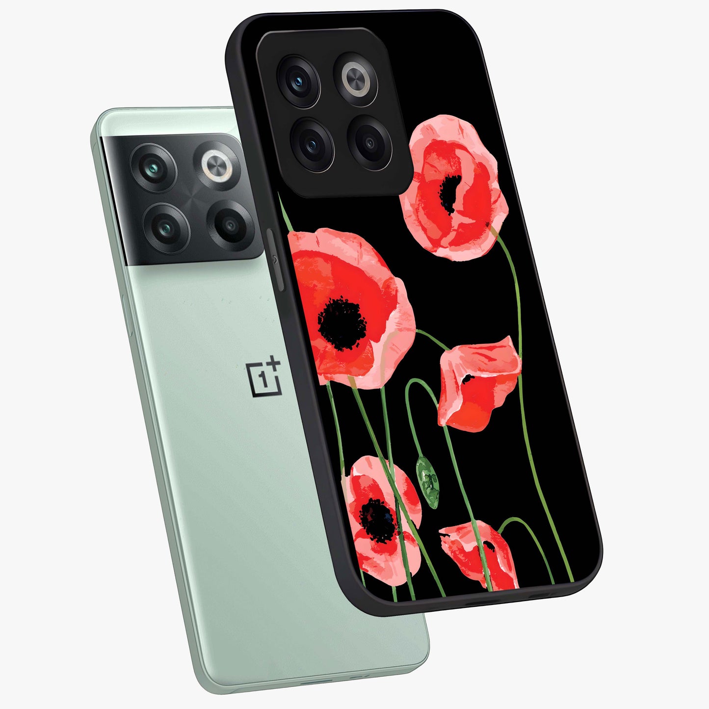 Crimson Garden Dream Glass Case for 1+10T angled mockup showcasing glossy finish and vibrant bloom detailing