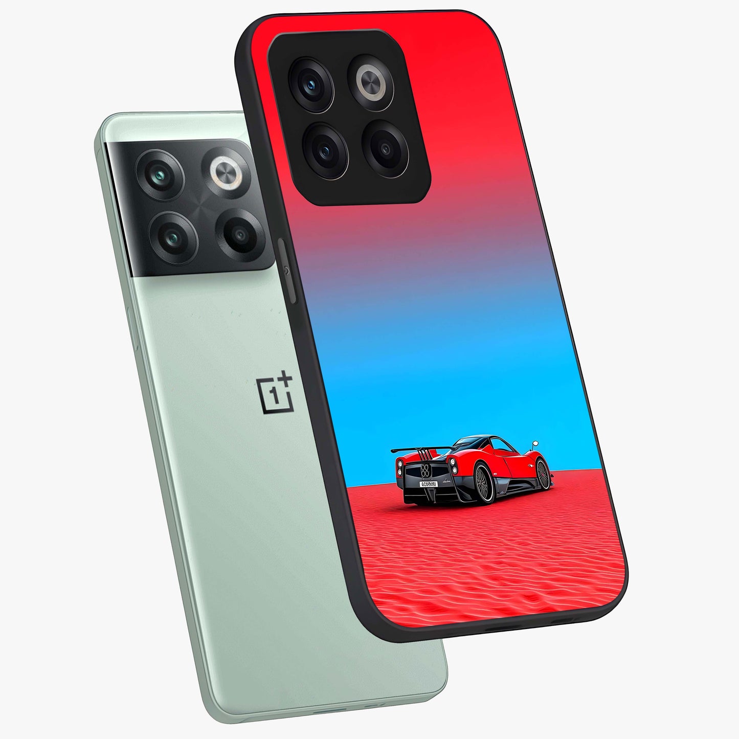 Crimson Speed Mirage Glass Case for 1+10T angled mockup showcasing glossy finish and dynamic speed detailing