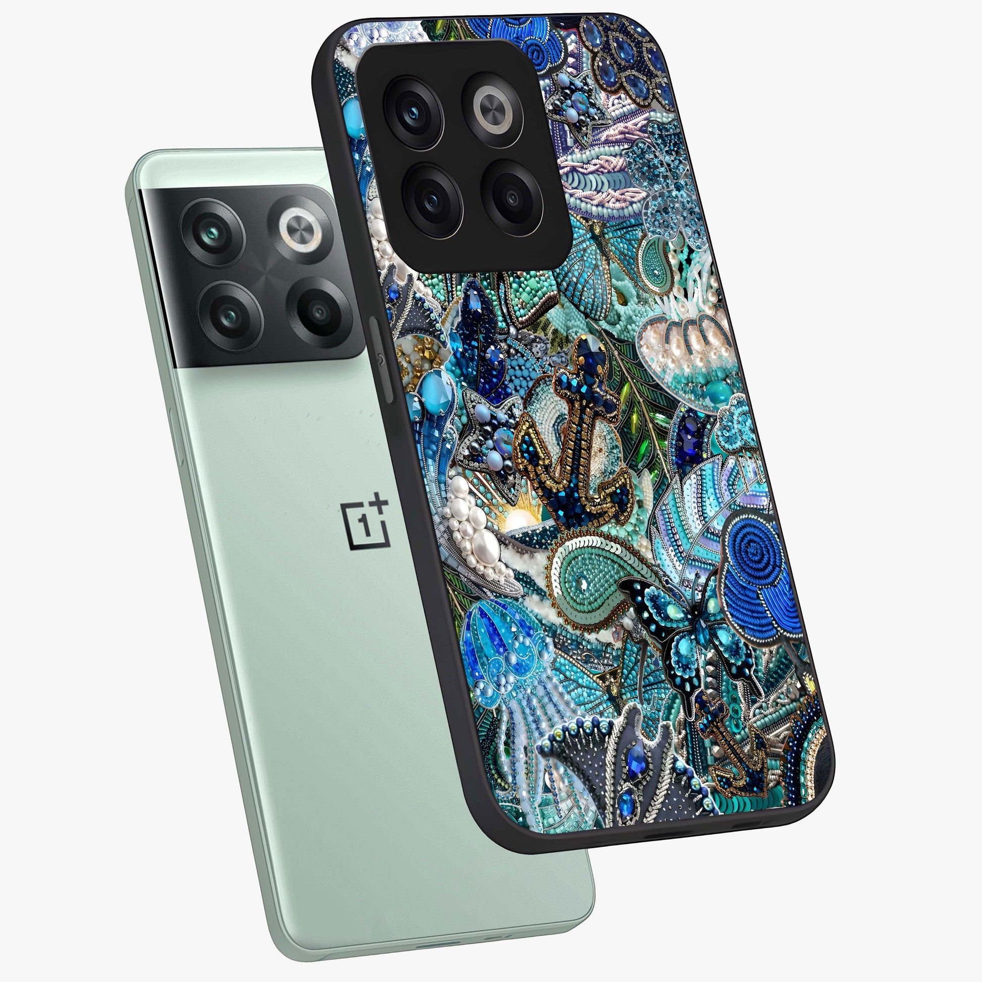 Crystal Ocean Magic Glass Case for 1+10T angled mockup showcasing glossy finish and flowing aqua tones