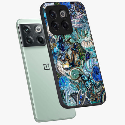 Crystal Ocean Magic Glass Case for 1+10T angled mockup showcasing glossy finish and flowing aqua tones