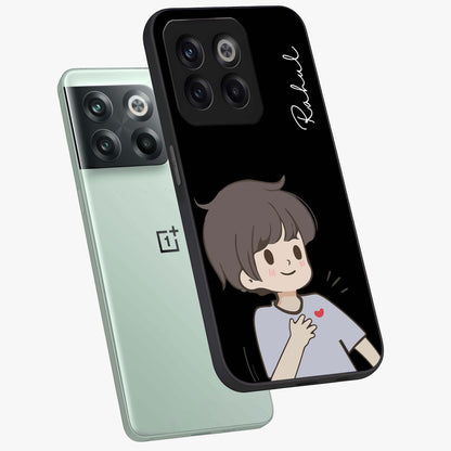 Cute Boy Heart Reaction Glass Case for 1+10T angled mockup showcasing glossy finish and vibrant pastel tones