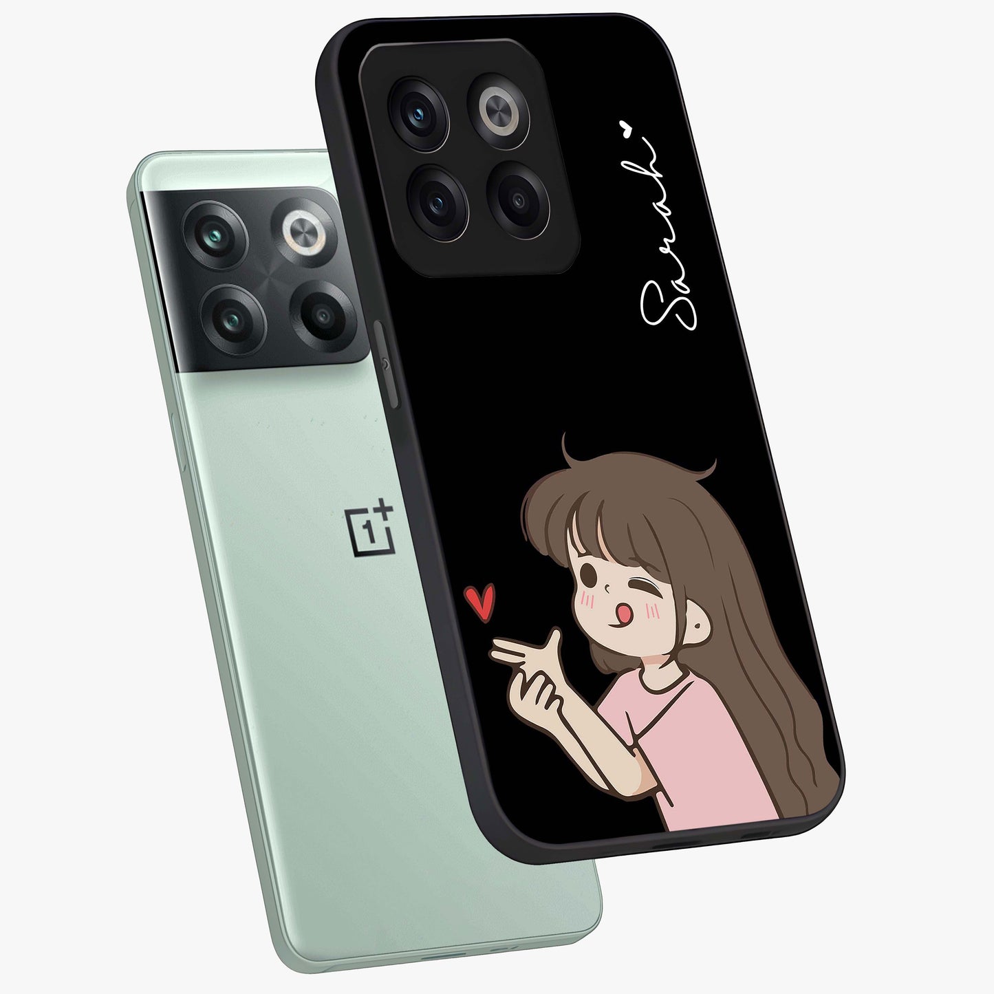 Cute Girl Firing Heart Glass Case for 1+10T angled mockup showcasing glossy finish and lively character detailing