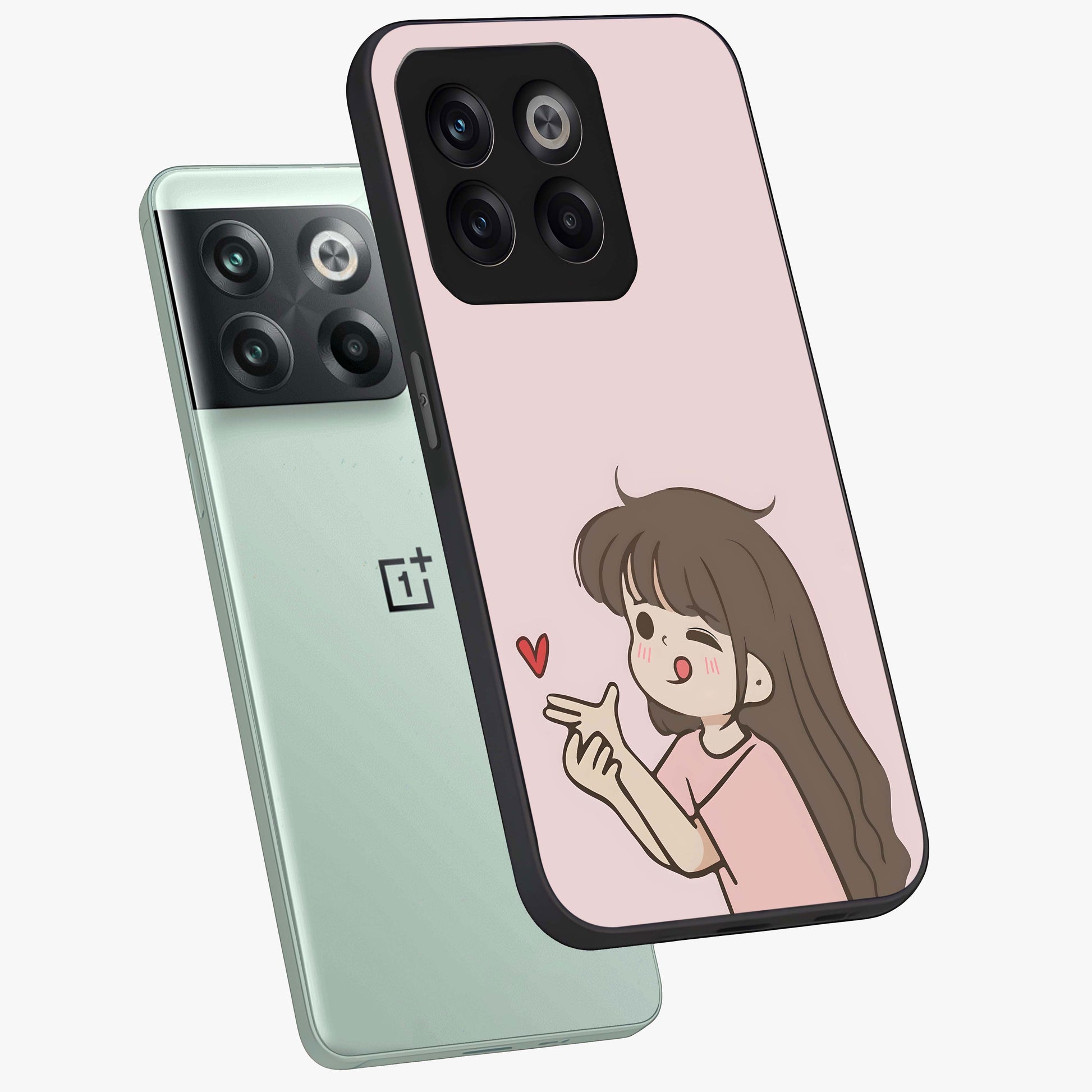 Cute Kiss Heart Glass Case for 1+10T angled mockup showcasing glossy finish and soft pastel tones