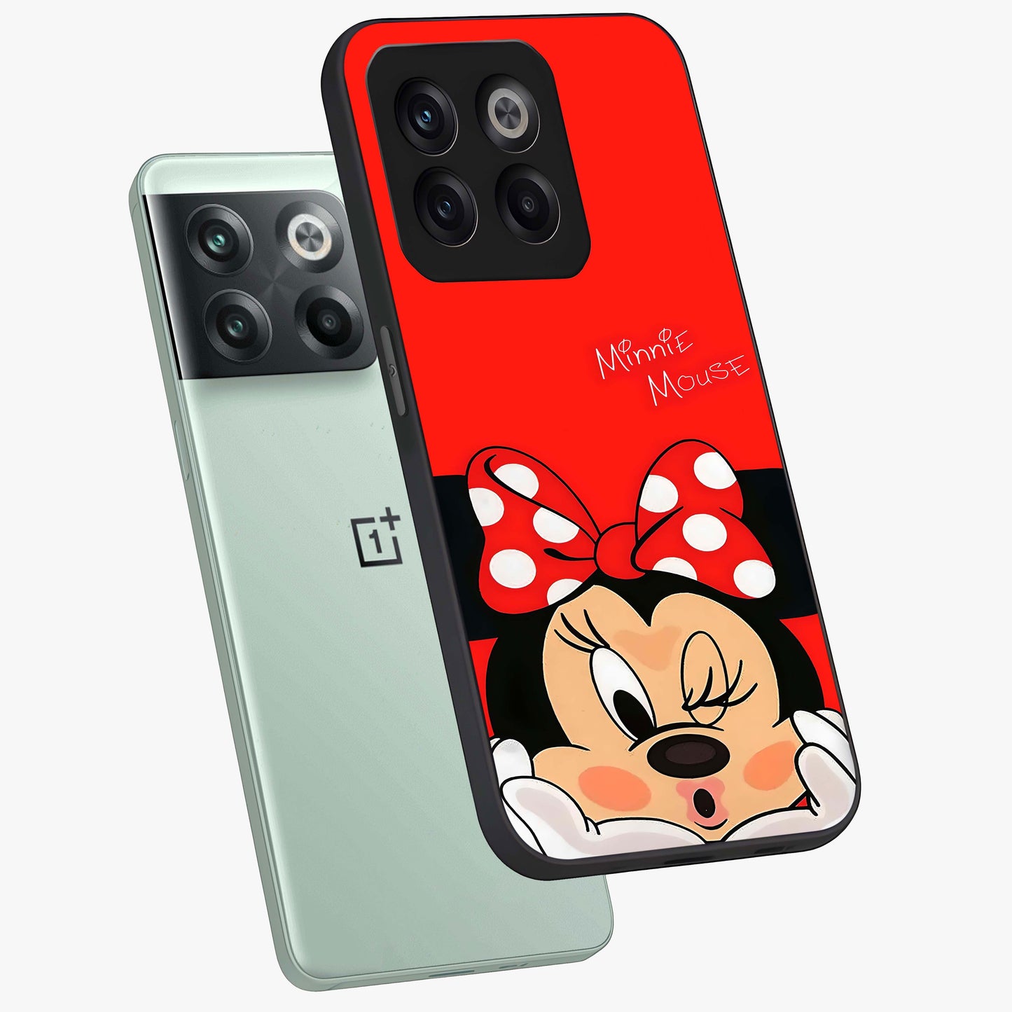 Cute Minnie Love Glass Case for 1+10T angled mockup showcasing glossy glass finish and vibrant character detailing