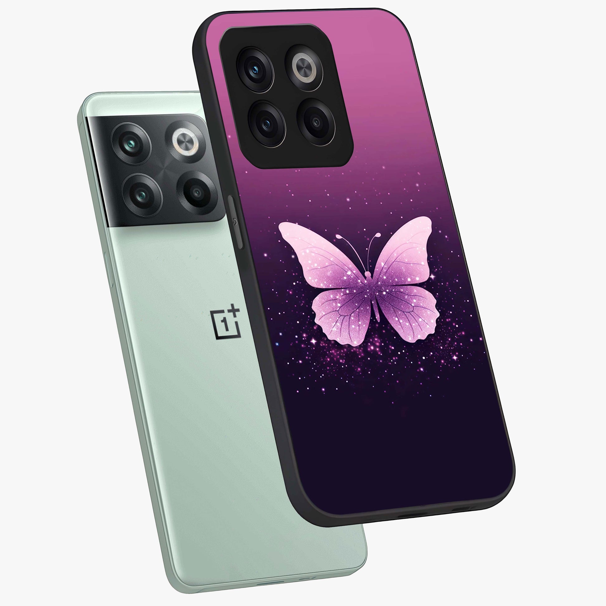 Cute Starry Butterfly Glass Case for 1+10T angled mockup showcasing glossy finish and celestial pastel tones