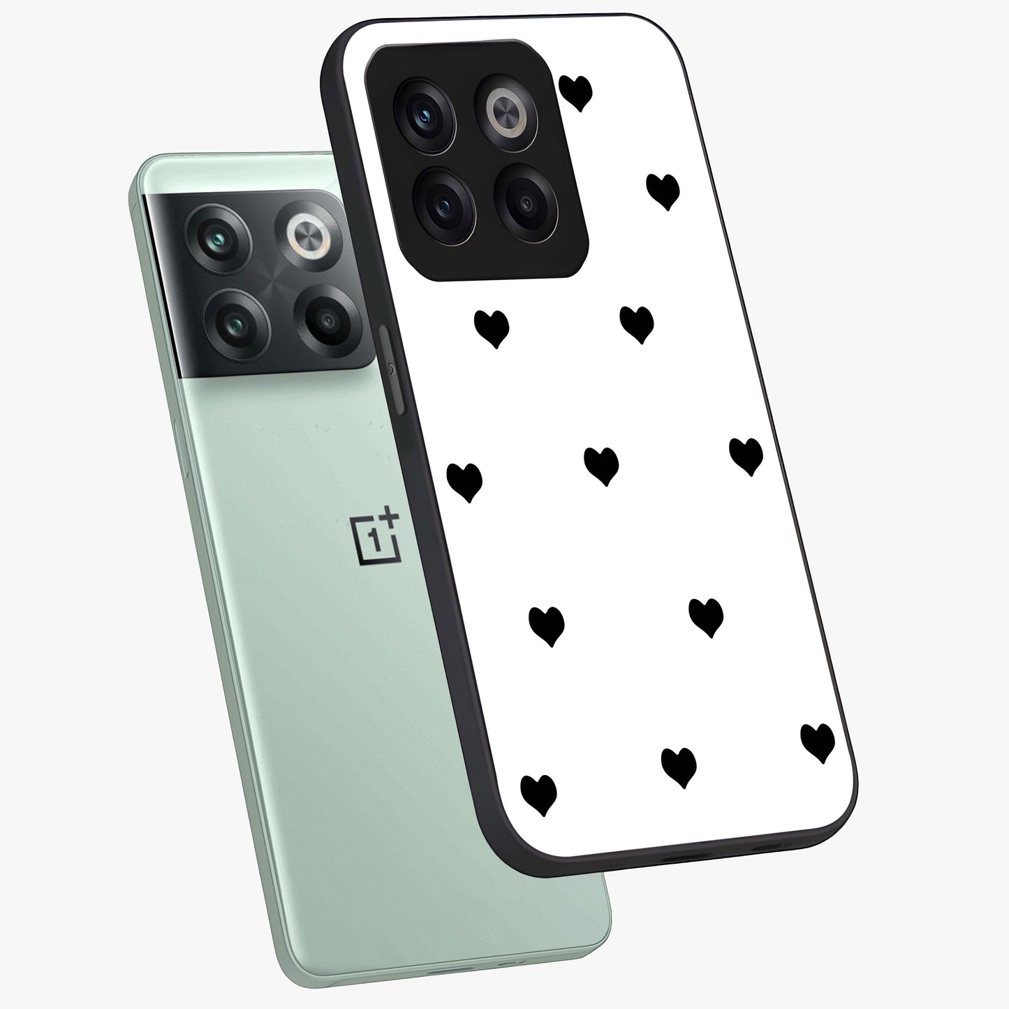 Cute Simple black Hearts Glass Case for 1+10T angled mockup showcasing glossy finish and bold shadow detailing