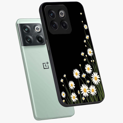 Daisy Cascade on Black Glass Case for 1+10T angled mockup showcasing glossy finish and bold floral contrast