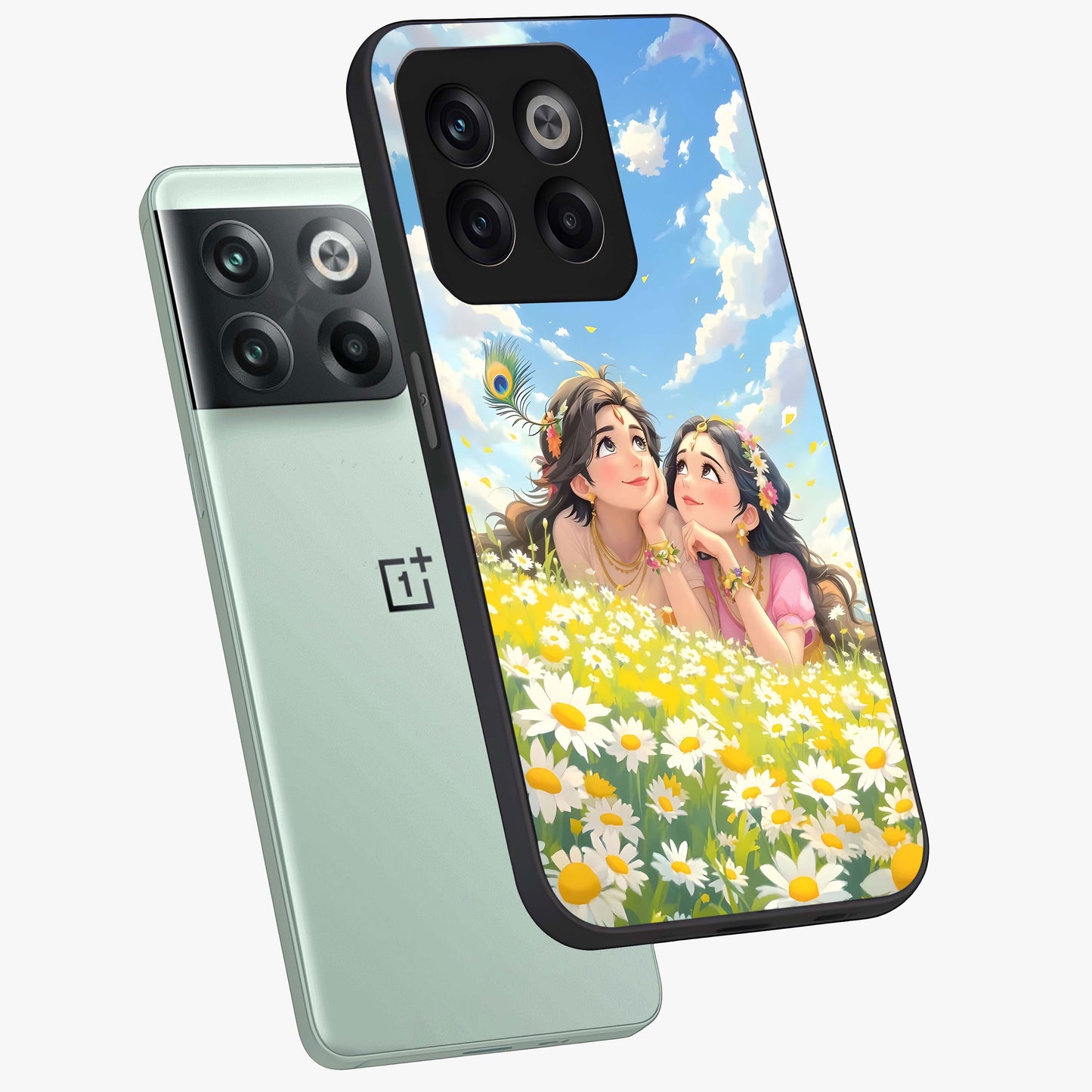 Daisy Daydream Love Glass Case for 1+10T angled mockup showcasing glossy finish and pastel bloom tones