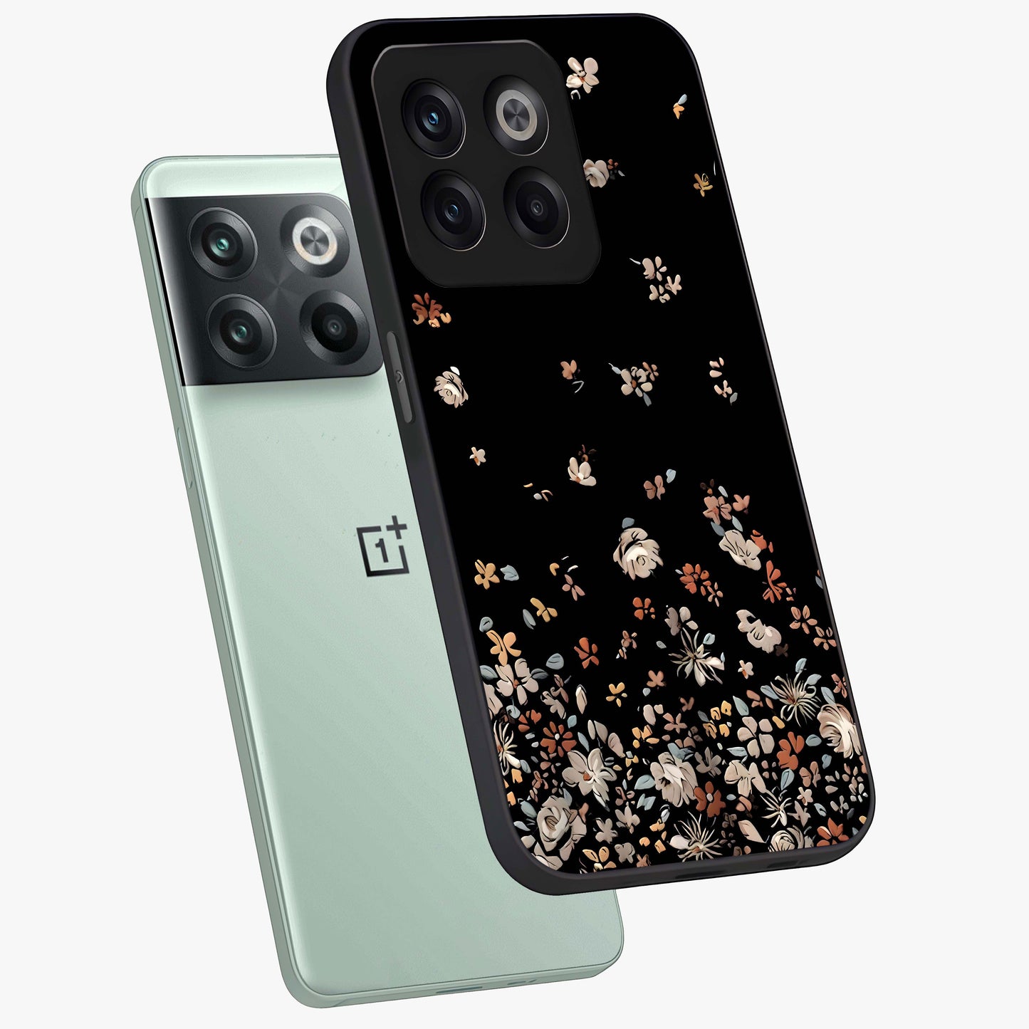 Dark Petal Aesthetic Glass Case for 1+10T angled mockup showcasing glossy finish and dramatic petal detailing