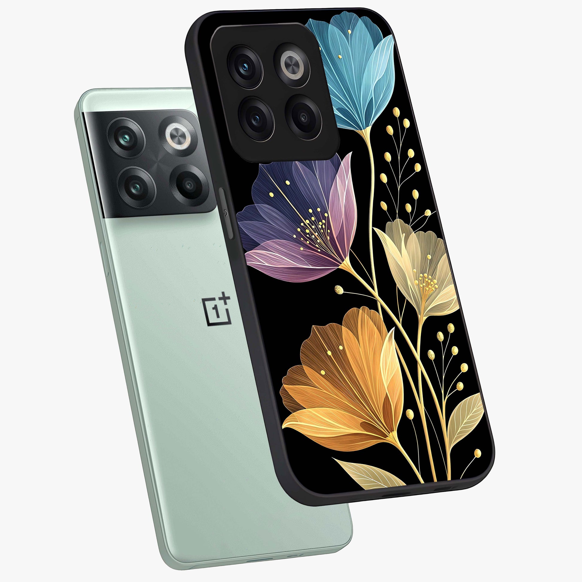 Delicate Multicolor Flowers Glass Case for 1+10T angled mockup showcasing glossy finish and pastel bloom detailing