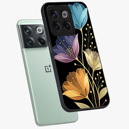 Delicate Multicolor Flowers Glass Case for 1+10T angled mockup showcasing glossy finish and pastel bloom detailing