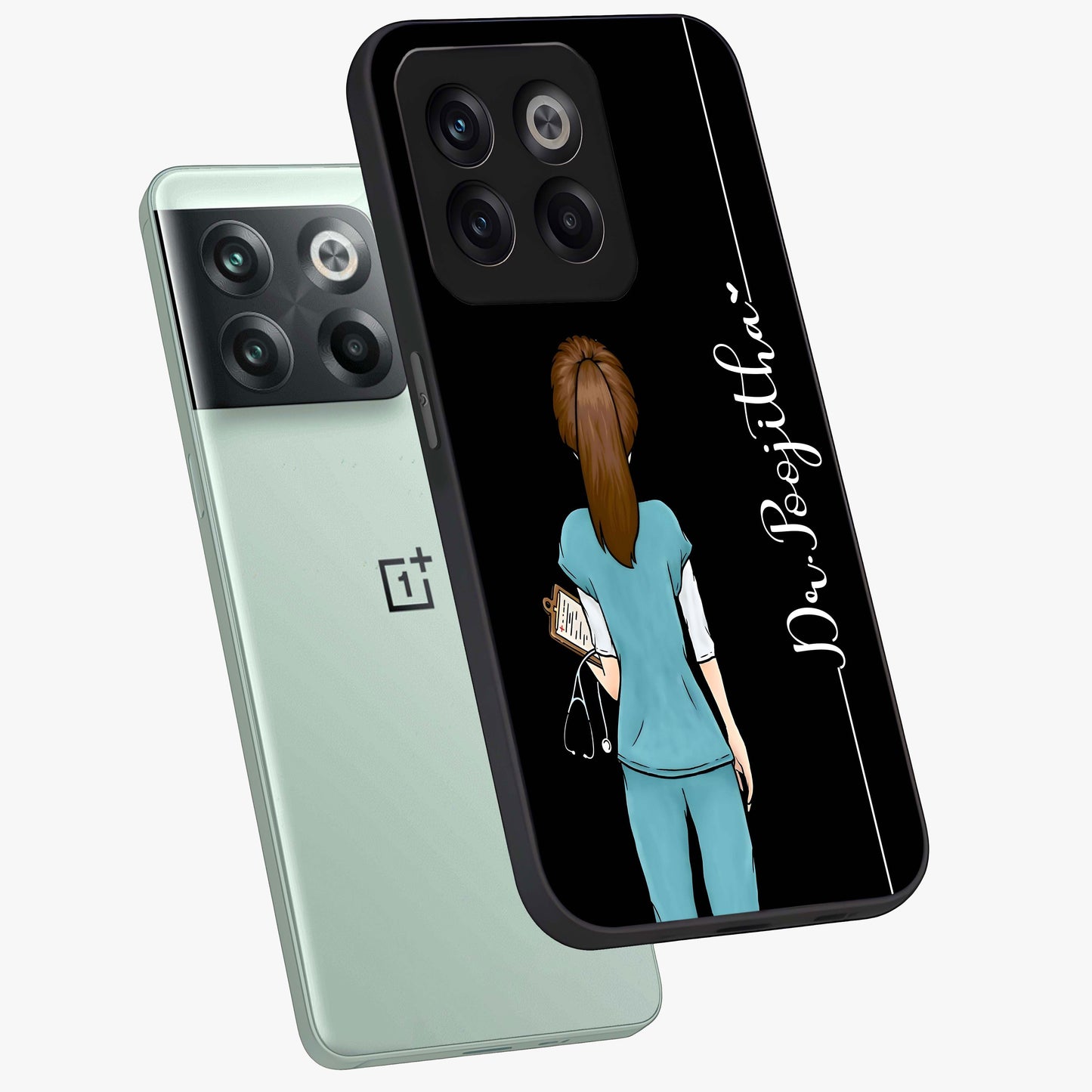 Doctor Pattern Custom Name Glass Case for 1+10T angled mockup showcasing glossy finish and detailed pattern elements