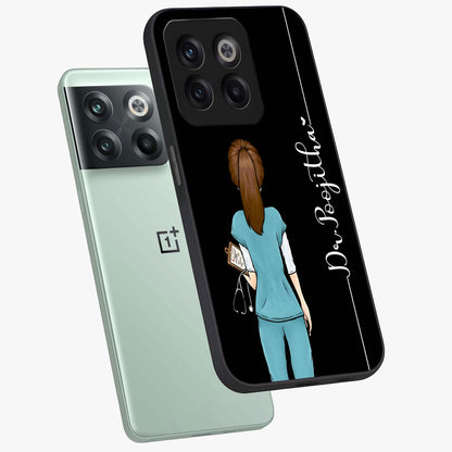 Doctor Pattern Custom Name Glass Case for 1+10T angled mockup showcasing glossy finish and detailed pattern elements