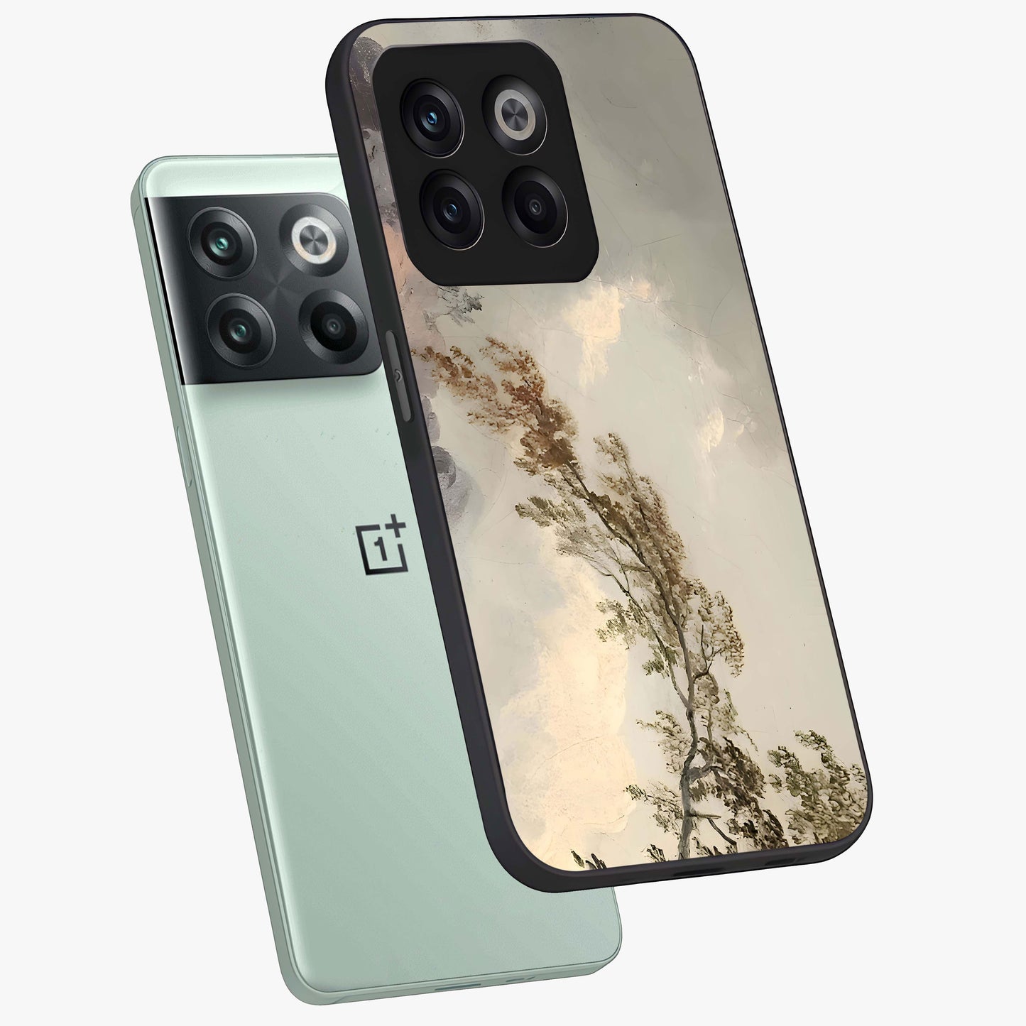 Dreamlike Wind Field Glass Case for 1+10T angled mockup showcasing glossy glass finish and dreamy landscape detailing