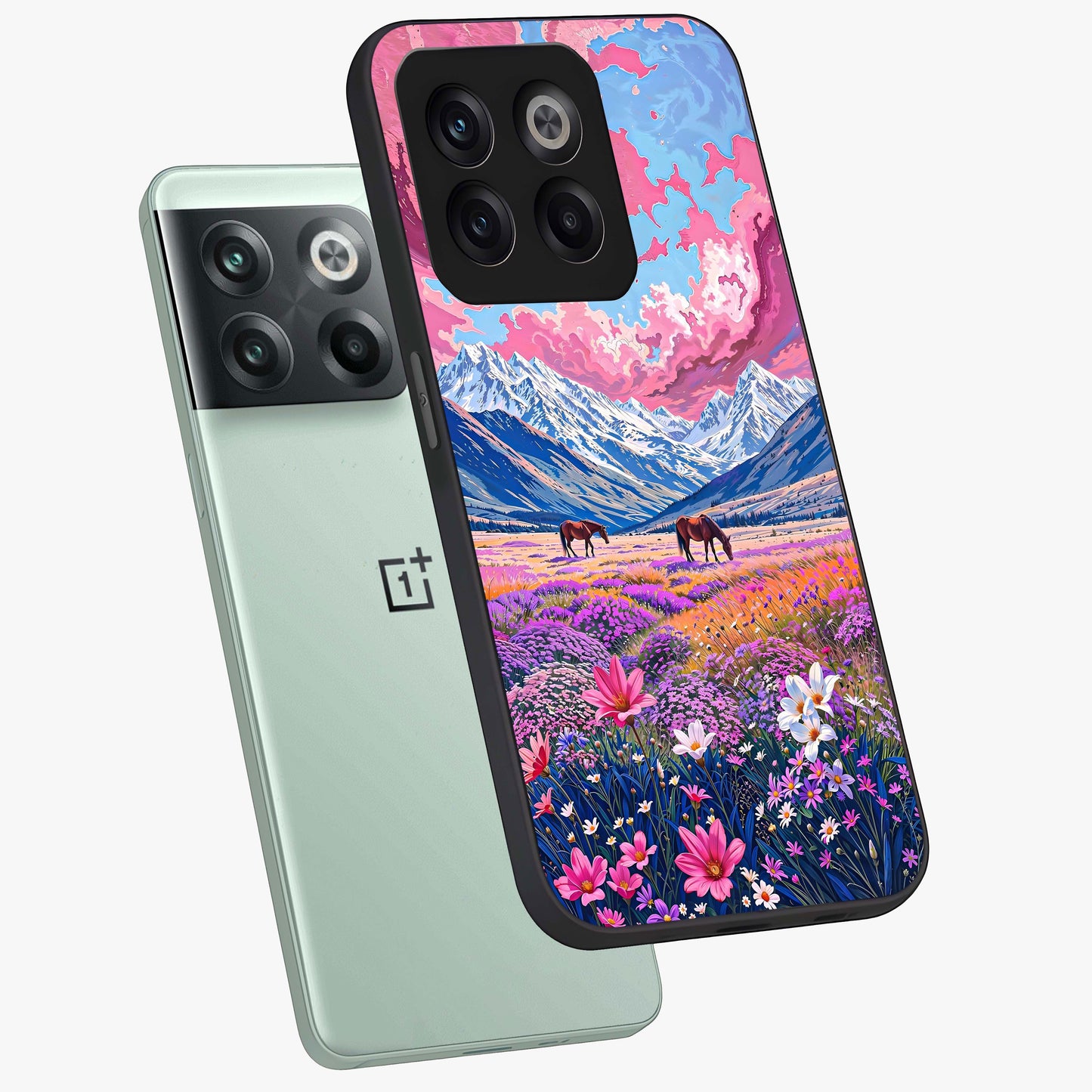 Dreamy Floral Pastures Glass Case for 1+10T angled mockup showcasing glossy finish and gentle bloom textures