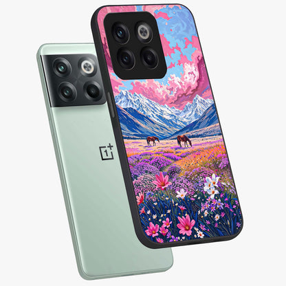 Dreamy Floral Pastures Glass Case for 1+10T angled mockup showcasing glossy finish and gentle bloom textures