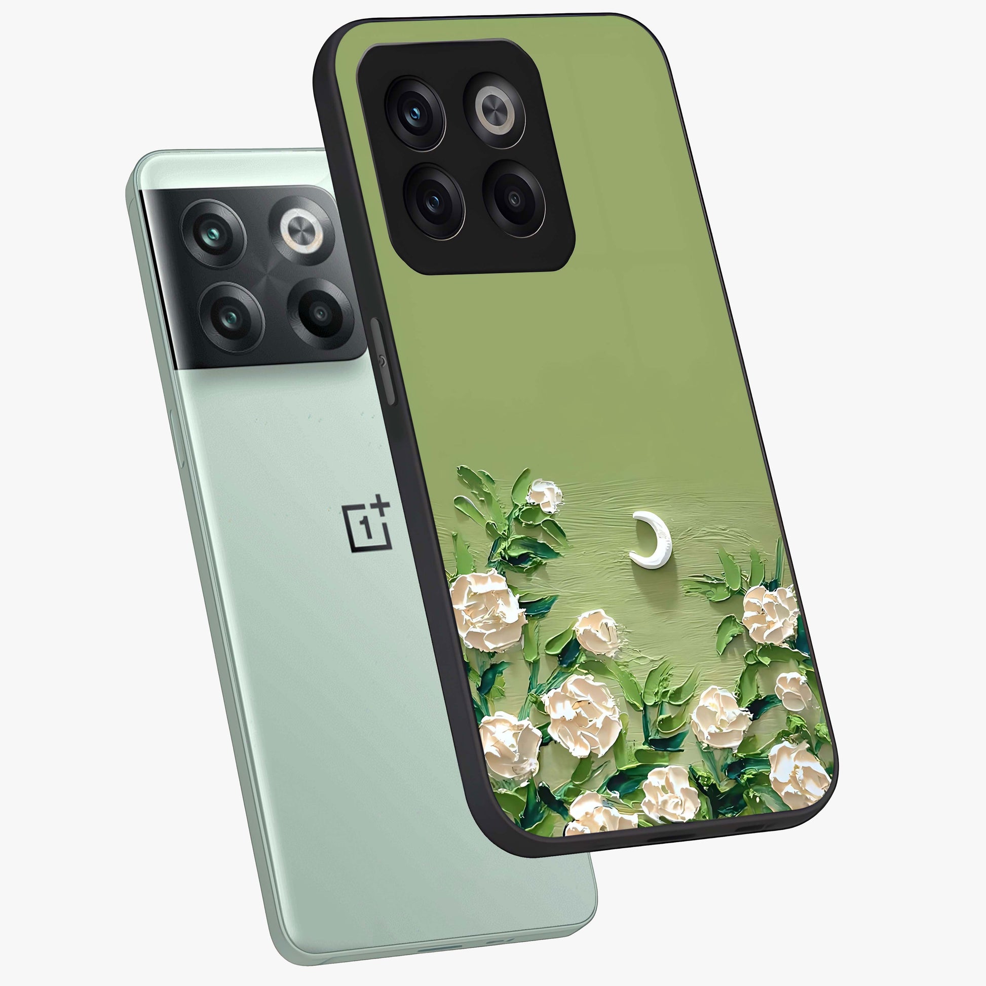 Emerald Bloom Calm Glass Case for 1+10T angled mockup showcasing glossy finish and rich green tones