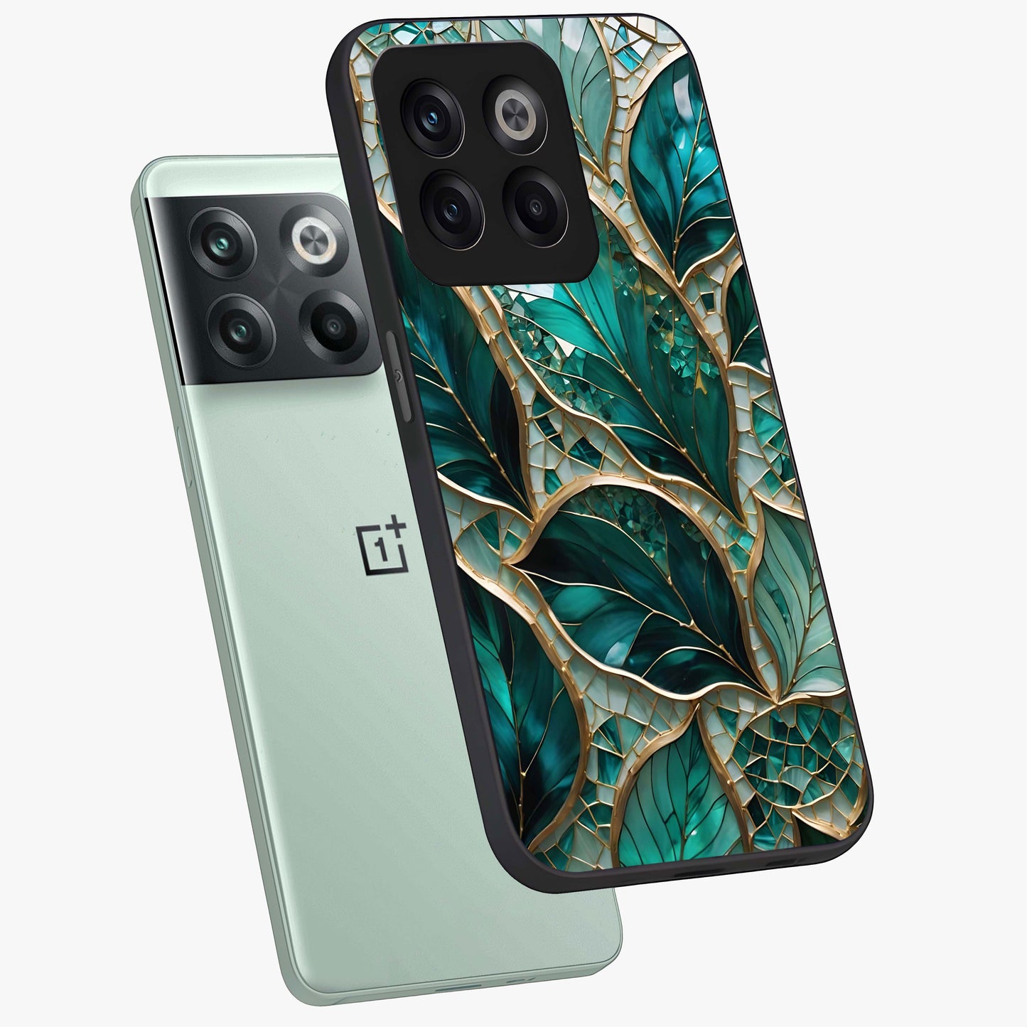 Emerald Leaf Glass Case for 1+10T angled mockup showcasing glossy finish and natural botanical tones
