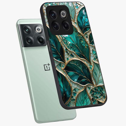 Emerald Leaf Glass Case for 1+10T angled mockup showcasing glossy finish and natural botanical tones