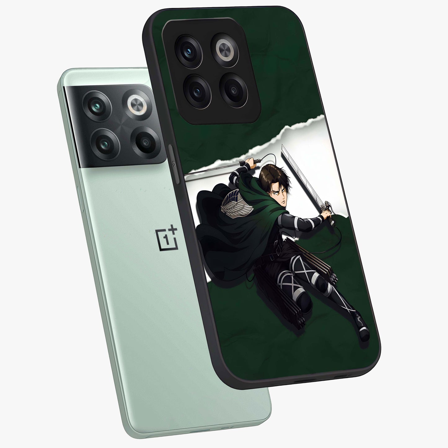 Emerald War Vanguard Glass Case for 1+10T angled mockup showcasing glossy finish and bold fantasy detailing