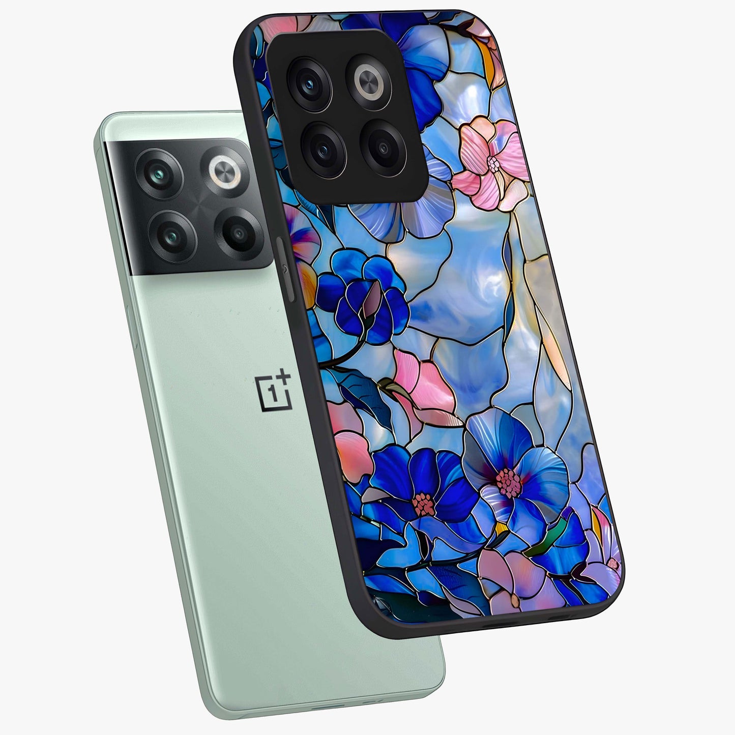Eternal Floral Stained Glass Case for 1+10T angled mockup showcasing glossy finish and vibrant mosaic textures