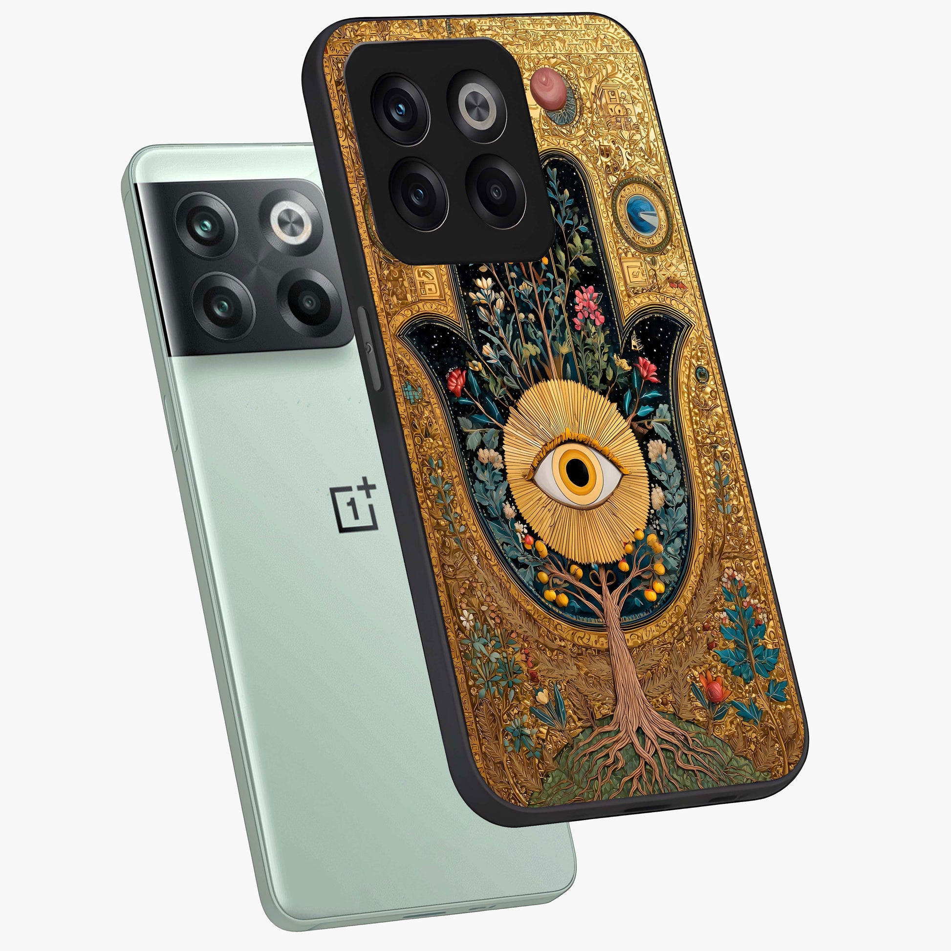 Ethereal Evil Eye Glass Case for 1+10T angled mockup showcasing glossy finish and celestial blue tones