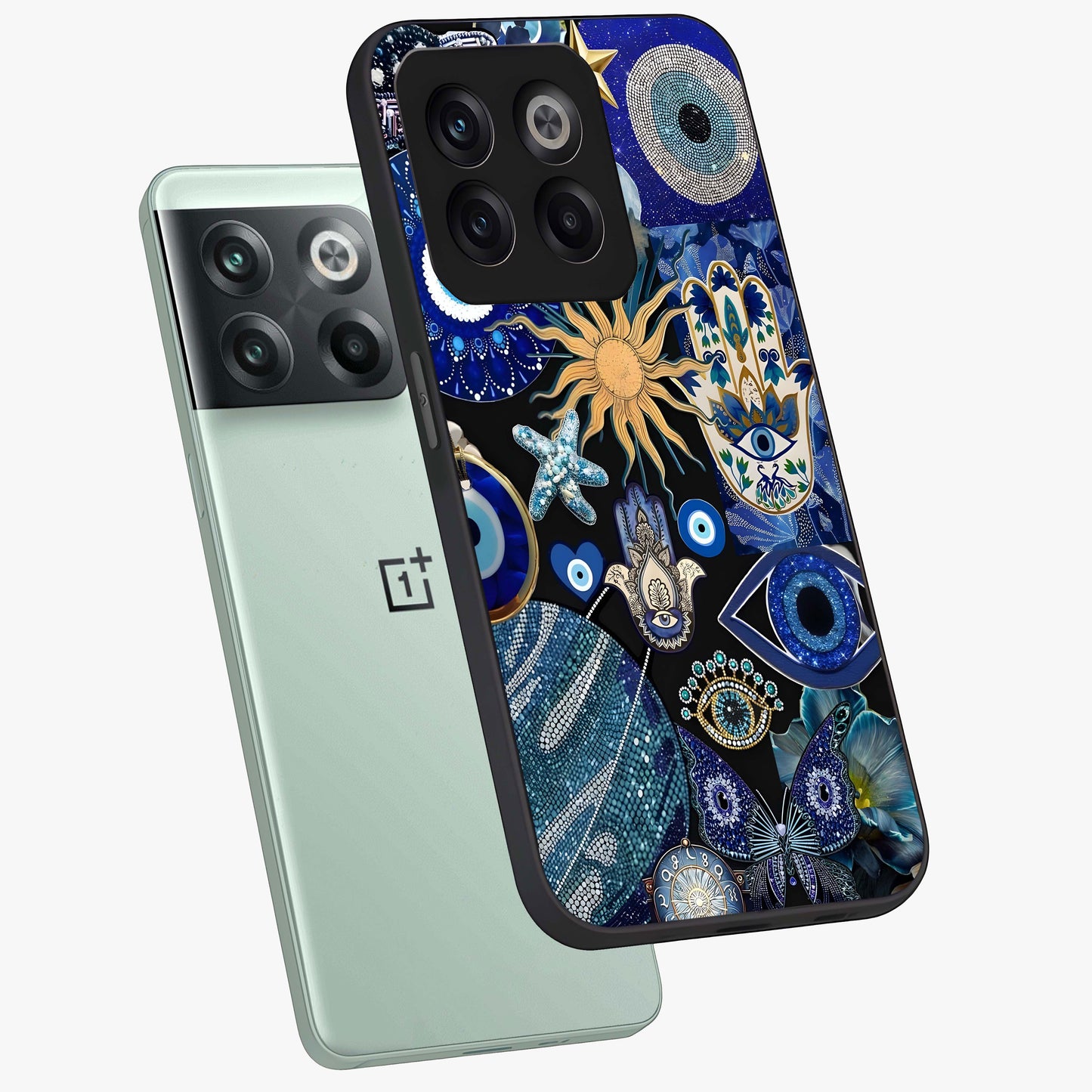 Evil Eye Charm Mix Glass Case for 1+10T angled mockup showcasing glossy finish and bold blue tones