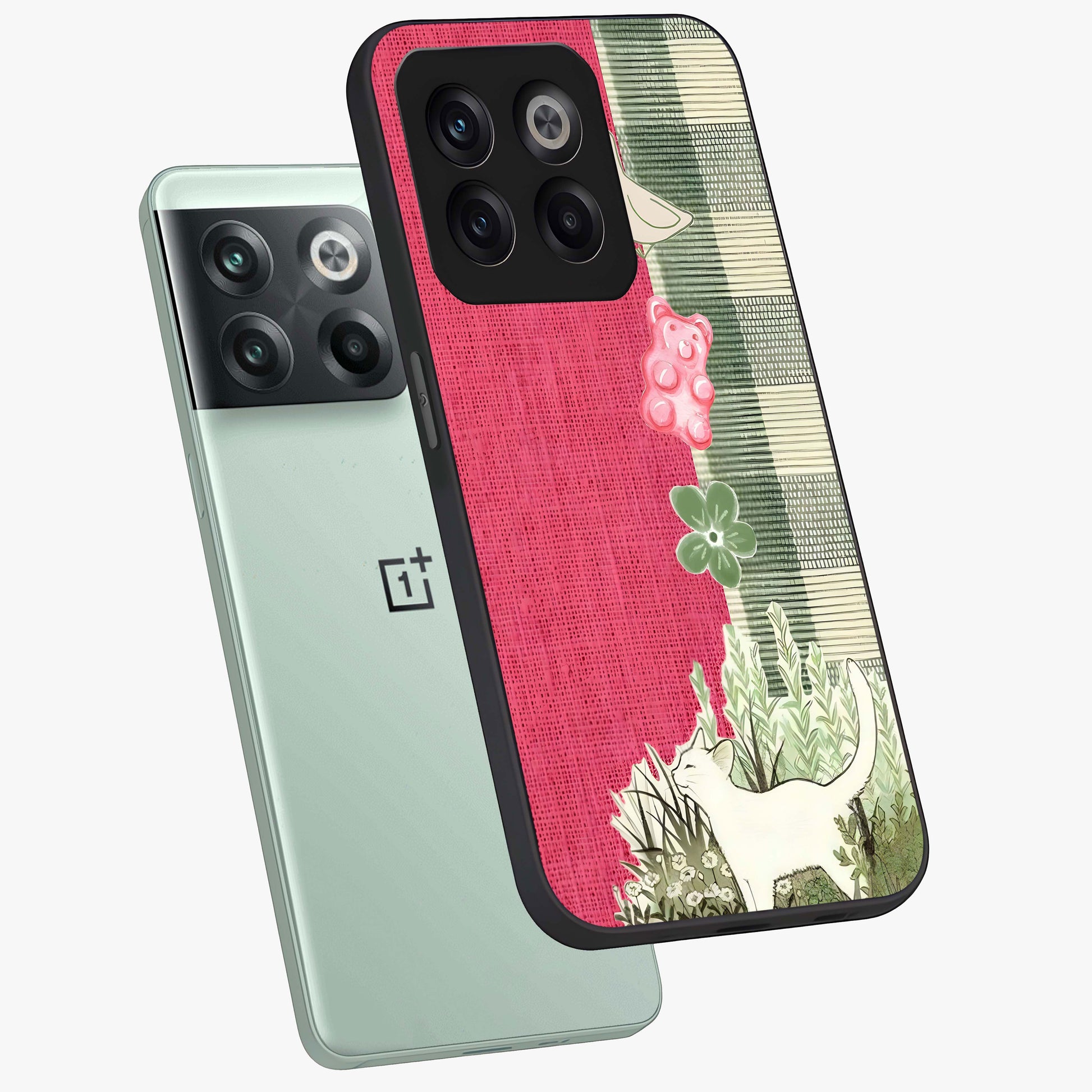 Fabric Patterns Glass Case for 1+10T angled mockup showcasing glossy finish and intricate fabric detailing