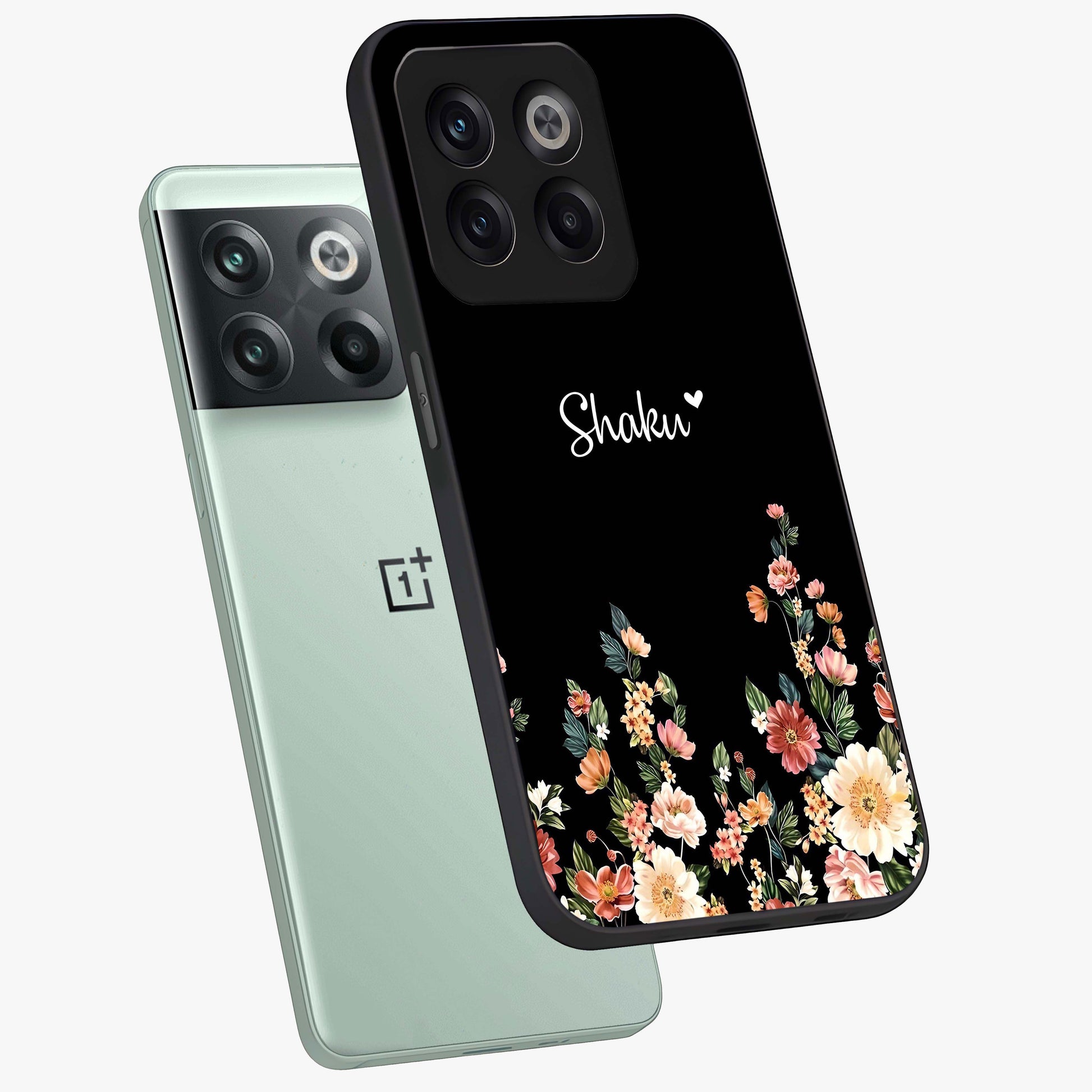 Floral Design With a Custom Personalized Name Glass Case for 1+10T angled mockup showcasing glossy finish and elegant bloom detailing