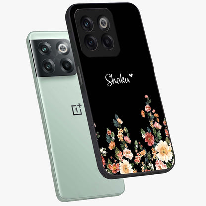 Floral Design With a Custom Personalized Name Glass Case for 1+10T angled mockup showcasing glossy finish and elegant bloom detailing