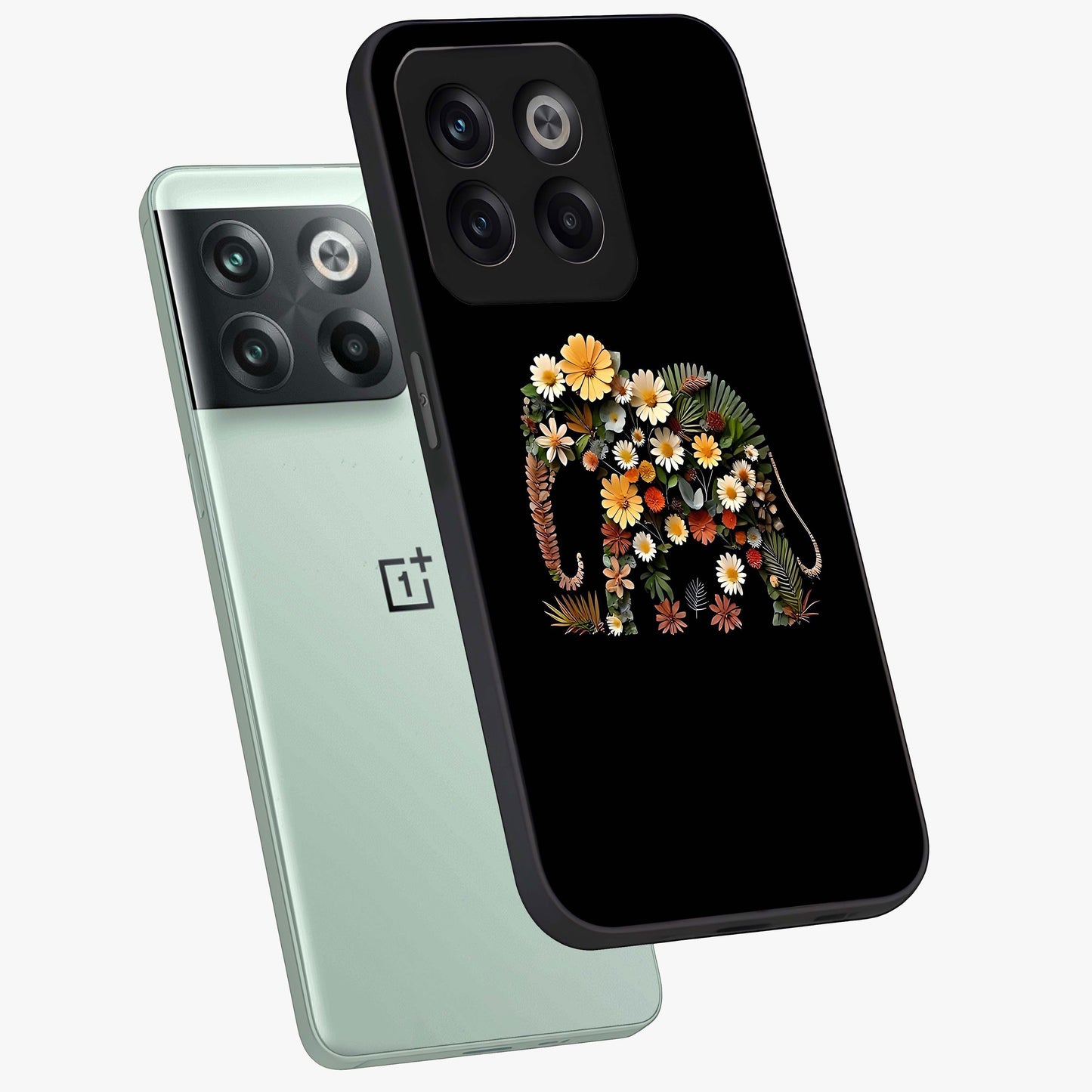 Floral Elephant Glass Case for 1+10T angled mockup showcasing glossy finish and vibrant cultural tones