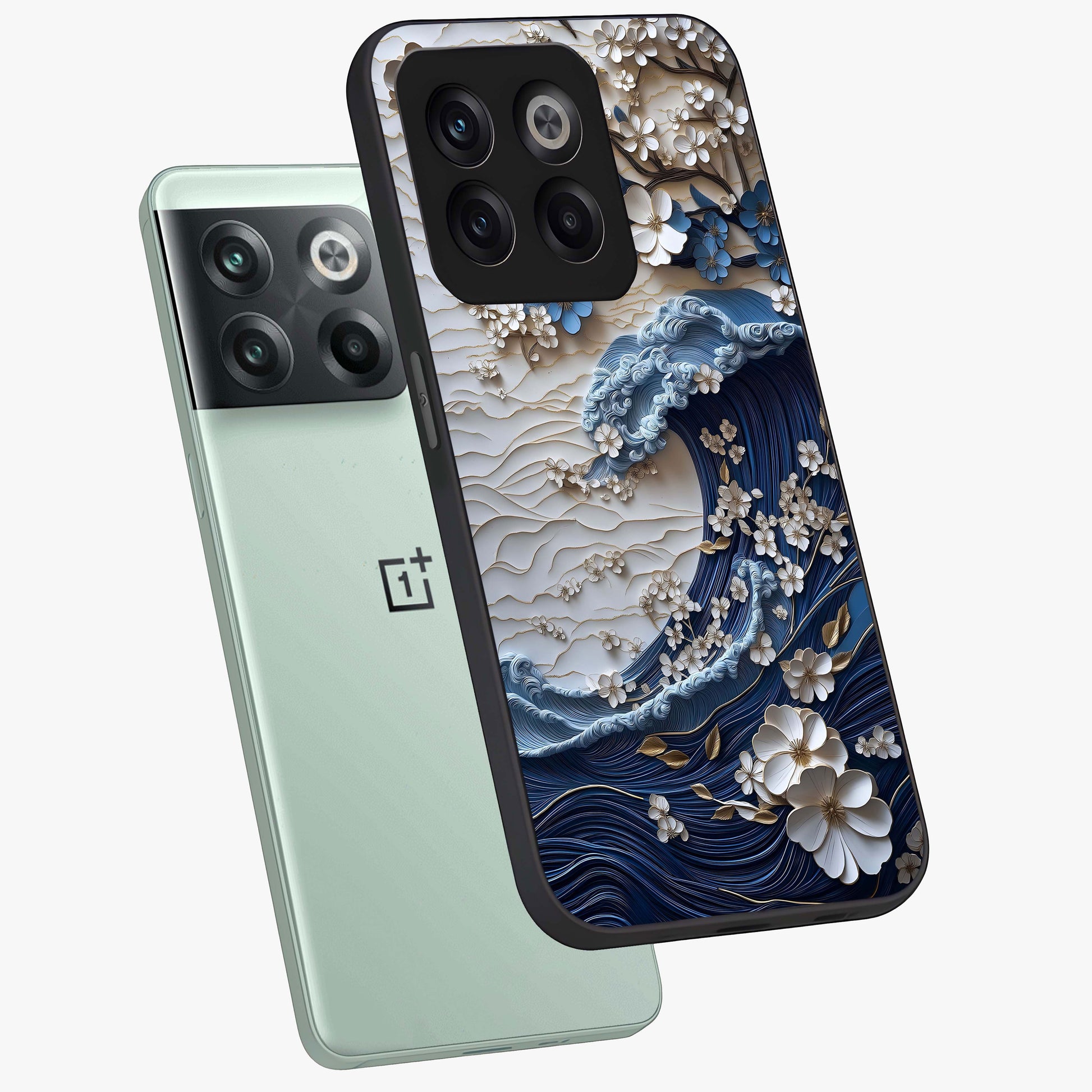 Floral Wave Origami Glass Case for 1+10T angled mockup showcasing glossy glass finish and geometric bloom detailing