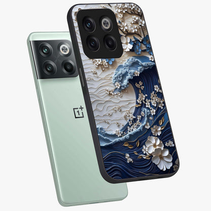 Floral Wave Origami Glass Case for 1+10T angled mockup showcasing glossy glass finish and geometric bloom detailing