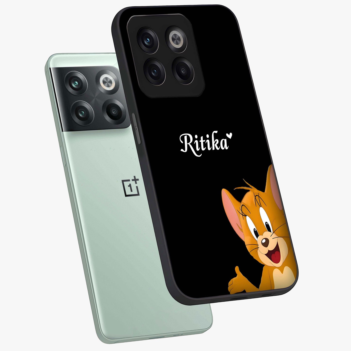 Forever Chasing Love Jerry Glass Case for 1+10T angled mockup showcasing glossy finish and vibrant character detailing